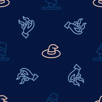 Set line Game thimbles, Hand holding fire and Witch hat on seamless pattern Stock Illustration