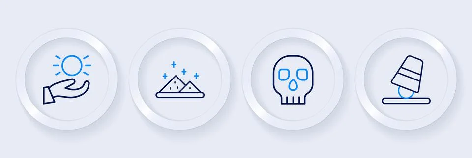 Set line Game thimbles, Skull, Magic powder and Ball levitating above hand .. Ilustração Stock