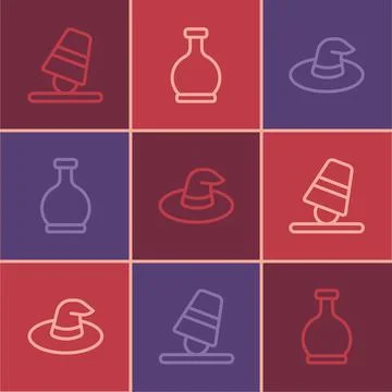 Set line Game thimbles, Witch hat and Bottle with potion icon. Vector Illustrazione stock