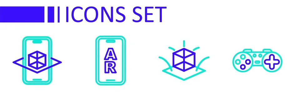 Set line Gamepad, 3d modeling, Augmented reality AR and  icon. Vector Stock Illustration