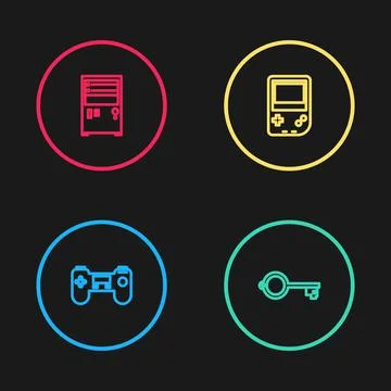 Set line Gamepad, Ancient key for game, Portable video console and Computer icon Stock Illustration