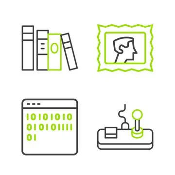 Set line Gamepad, Binary code, Postal stamp and Book icon. Vector Illustrazione stock