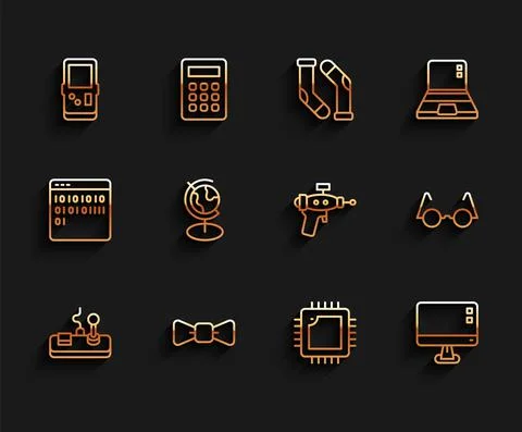 Set line Gamepad, Bow tie, Tetris, Processor with CPU, Computer monitor screen Stock Illustration
