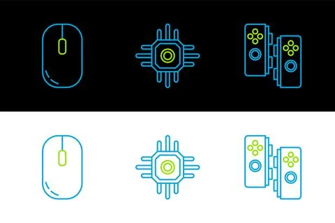Set line Gamepad, Computer mouse and Processor icon. Vector Stock Illustration