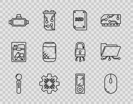 Set line Gamepad, Computer mouse, SSD card, Processor, Virtual reality glasses 库存插图