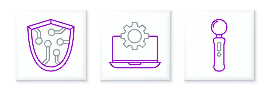 Set line Gamepad, Cyber security and Laptop and gear icon. Vector Stock Illustration