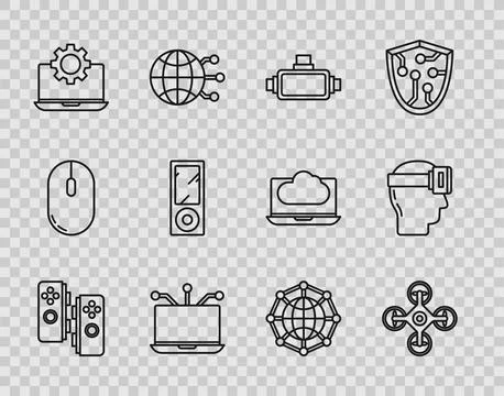 Set line Gamepad, Drone, Virtual reality glasses, Laptop, and gear, Music player Stock Illustration