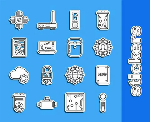 Set line Gamepad, Hard disk drive HDD, Project team base, Music player, Laptop Illustrazione stock