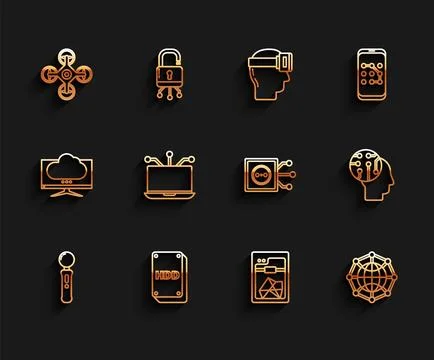 Set line Gamepad, Hard disk drive HDD, Drone, 3D printer, Global technology or Stock Illustration