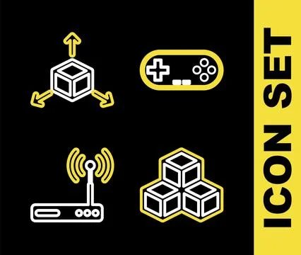 Set line Gamepad, Isometric cube, Router and wi-fi and icon. Vector Stock Illustration
