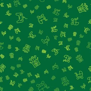 Set line Gamepad, Jack in the box toy and Baby stroller on seamless pattern.. Stock Illustration