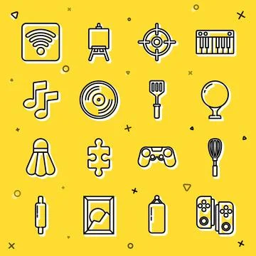 Set line Gamepad, Kitchen whisk, Golf ball on tee, Target sport, Vinyl disk.. Stock Illustration