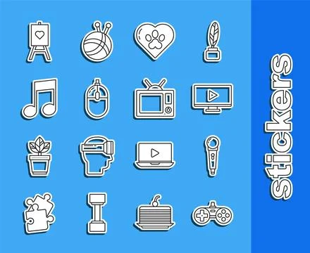 Set line Gamepad, Microphone, Online play video, Heart with animals footprint Stock Illustration