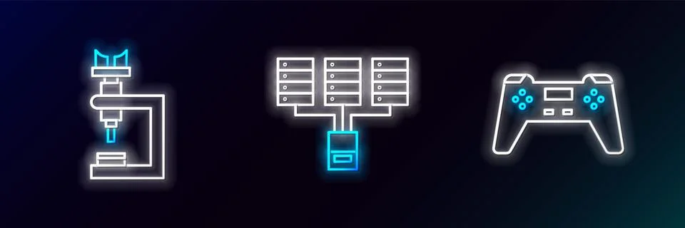 Set line Gamepad, Microscope and Server, Data, Web Hosting icon. Glowing neon Stock Illustration