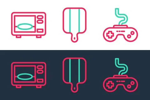 Set line Gamepad, Microwave oven and Cutting board icon. Vector Stock-Illustration