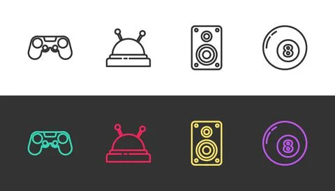 Set line Gamepad, Needle bed and needles, Stereo speaker and Billiard pool Stock Illustration