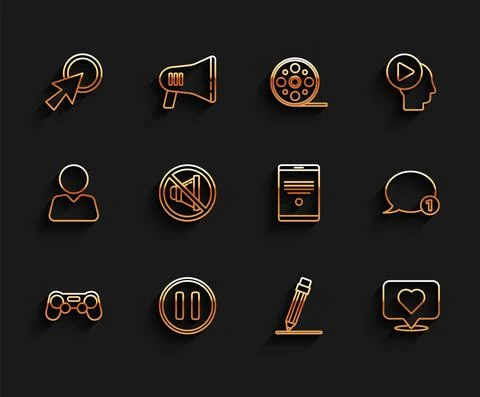Set line Gamepad, Pause button, Arrow cursor, Pencil with eraser, Like and heart Stock Illustration