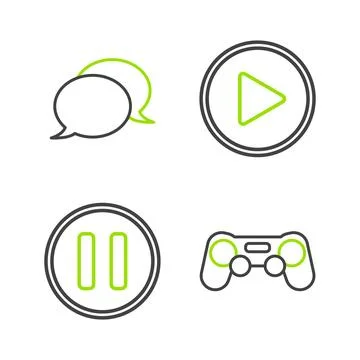 Set line Gamepad, Pause button, Play in circle and Speech bubble chat icon Stock Illustration