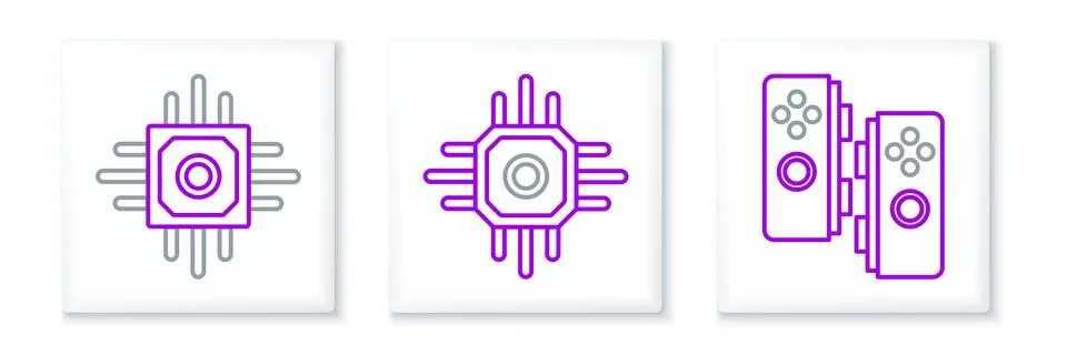 Set line Gamepad, Processor and  icon. Vector Stock Illustration