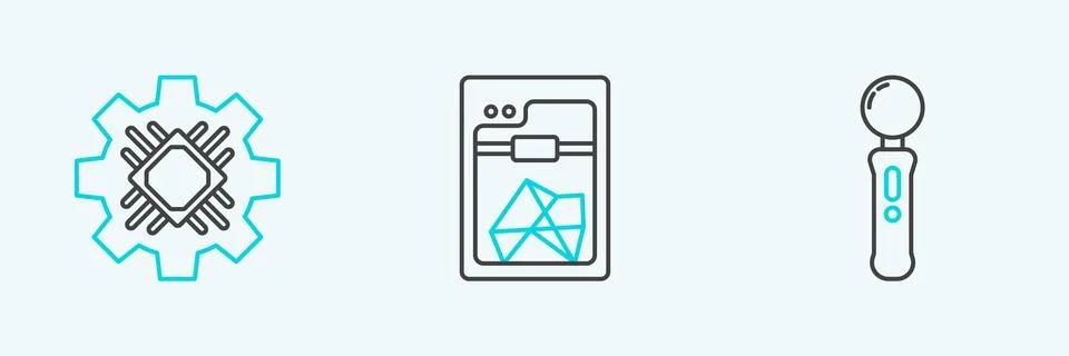 Set line Gamepad, Processor and 3D printer icon. Vector Stock Illustration