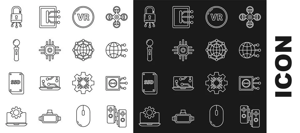 Set line Gamepad, Remote control, Global technology or social network, Virtua Illustrazione stock