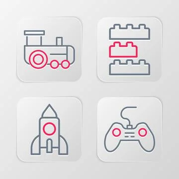 Set line Gamepad, Rocket ship toy, Toy building block bricks and train icon Ilustración de archivo
