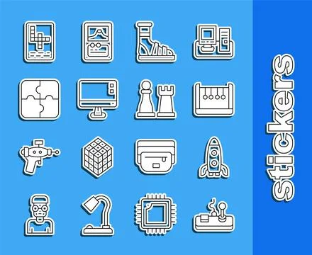 Set line Gamepad, Rocket ship, Pendulum, Slippers with socks, Computer monitor Illustrazione stock