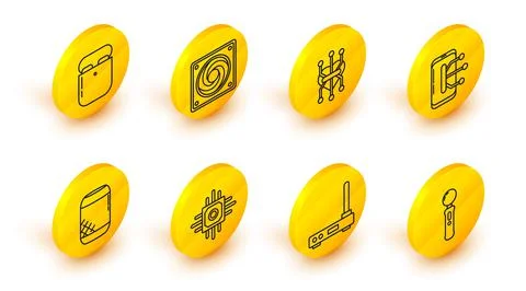 Set line Gamepad, Router and wi-fi signal, Processor, Voice assistant, Smartp Stock Illustration