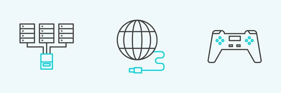 Set line Gamepad, Server, Data, Web Hosting and Social network icon. Vector Illustrazione stock