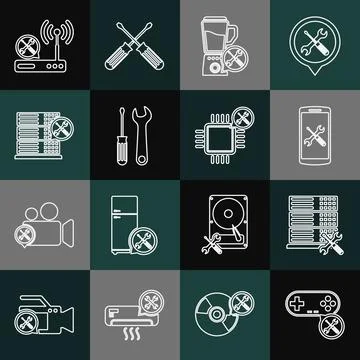 Set line Gamepad service, Database server, Smartphone, Blender, Screwdriver and Illustrazione stock