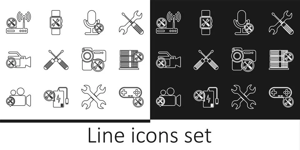 Set line Gamepad service, Database server, Microphone, Crossed screwdrivers イラスト素材