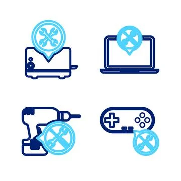 Set line Gamepad service, Drill machine, Laptop and Toaster icon. Vector Illustrazione stock