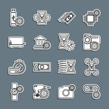 Set line Gamepad setting, Hourglass, Video camera, Fast payments, Bank building Illustrazione stock