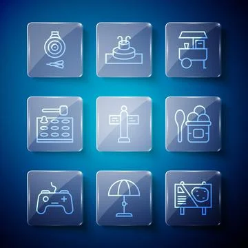 Set line Gamepad, Sun protective umbrella, Amusement park billboard, Fast street Ilustração Stock