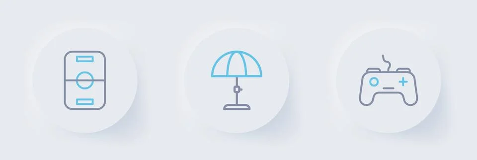 Set line Gamepad, Sun protective umbrella and Hockey table icon. Vector Stock Illustration