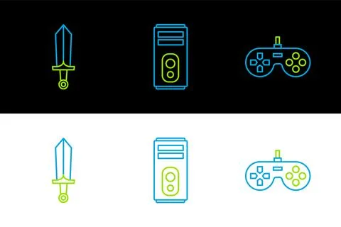 Set line Gamepad, Sword for game and Computer icon. Vector Stock Illustration