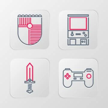 Set line Gamepad, Sword for game, Retro arcade machine and Shield icon. Vecto Stock Illustration