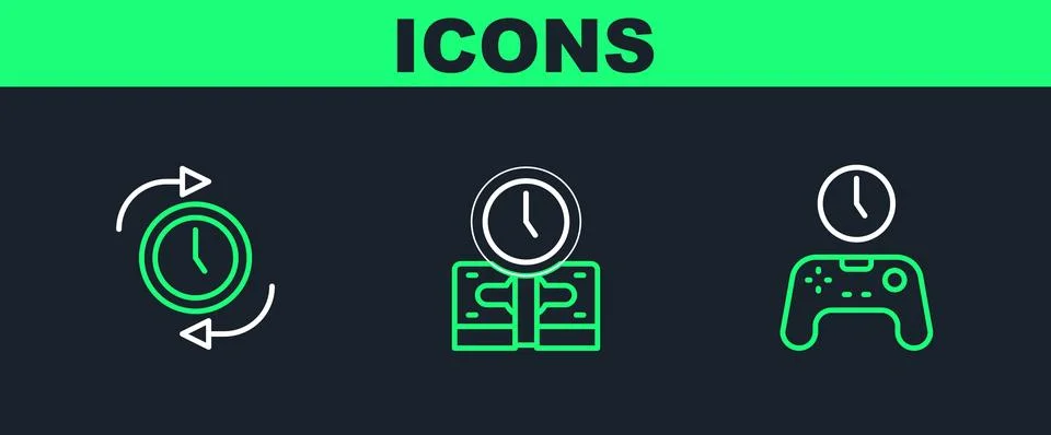 Set line Gamepad of time, Clock with arrow and Time is money icon. Vector Stock Illustration