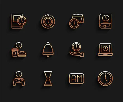 Set line Gamepad of time, Old hourglass with sand, Time for book, Morning, Clock 스톡 일러스트