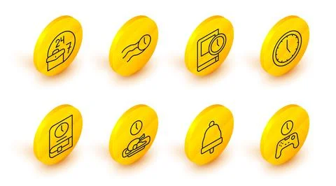 Set line Gamepad of time, Ringing bell, Food, Time for book, Clock, flies o.. Stock Illustration