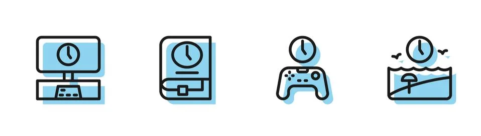Set line Gamepad of time, Smart Tv, Time for book and Vacation icon. Vector イラスト素材