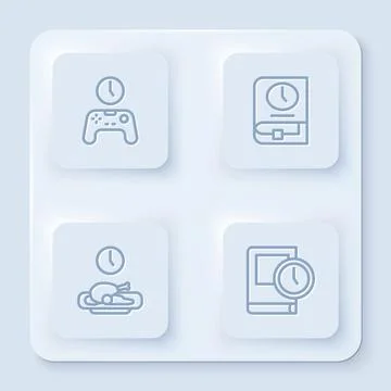 Set line Gamepad of time, Time for book, Food and . White square button. Vector 스톡 일러스트