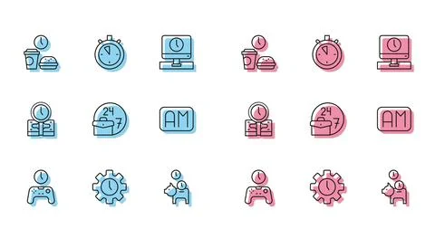 Set line Gamepad of time, Time Management, Fast food, Piggy bank with coin Stock Illustration