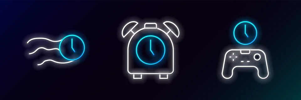 Set line Gamepad of time, Time flies on the clock and Alarm icon. Glowing neon イラスト素材