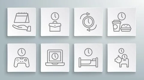 Set line Gamepad of time, Work, Laptop, Time sleep, Piggy bank with coin, C.. Illustrazione stock
