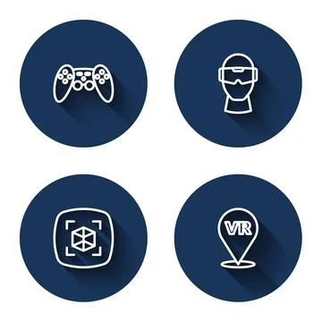 Set line Gamepad, Virtual reality glasses, 3d modeling and with long shadow Illustrazione stock