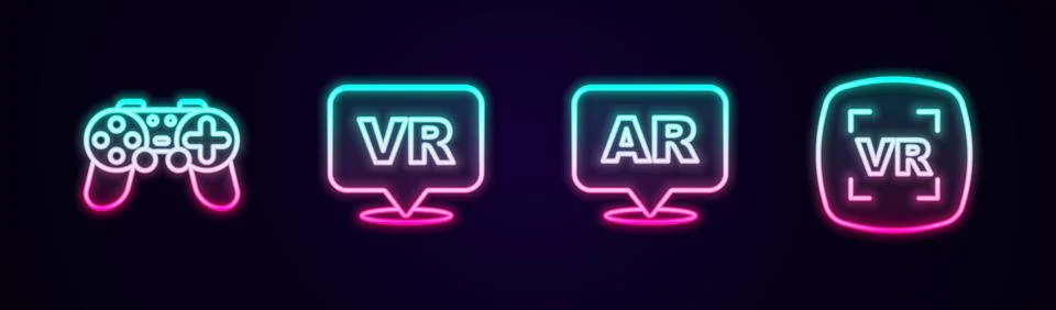 Set line Gamepad, Virtual reality, Augmented AR and . Glowing neon icon. Vector Stock Illustration