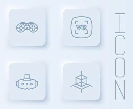 Set line Gamepad, Virtual reality, glasses and 3d modeling. White square button 스톡 일러스트