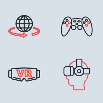 Set line Gamepad, Virtual reality glasses,  and 3d modeling icon. Vector Stock Illustration