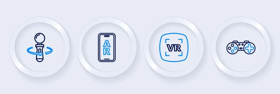 Set line Gamepad, Virtual reality, Augmented AR and VR controller game icon.. Stock Illustration